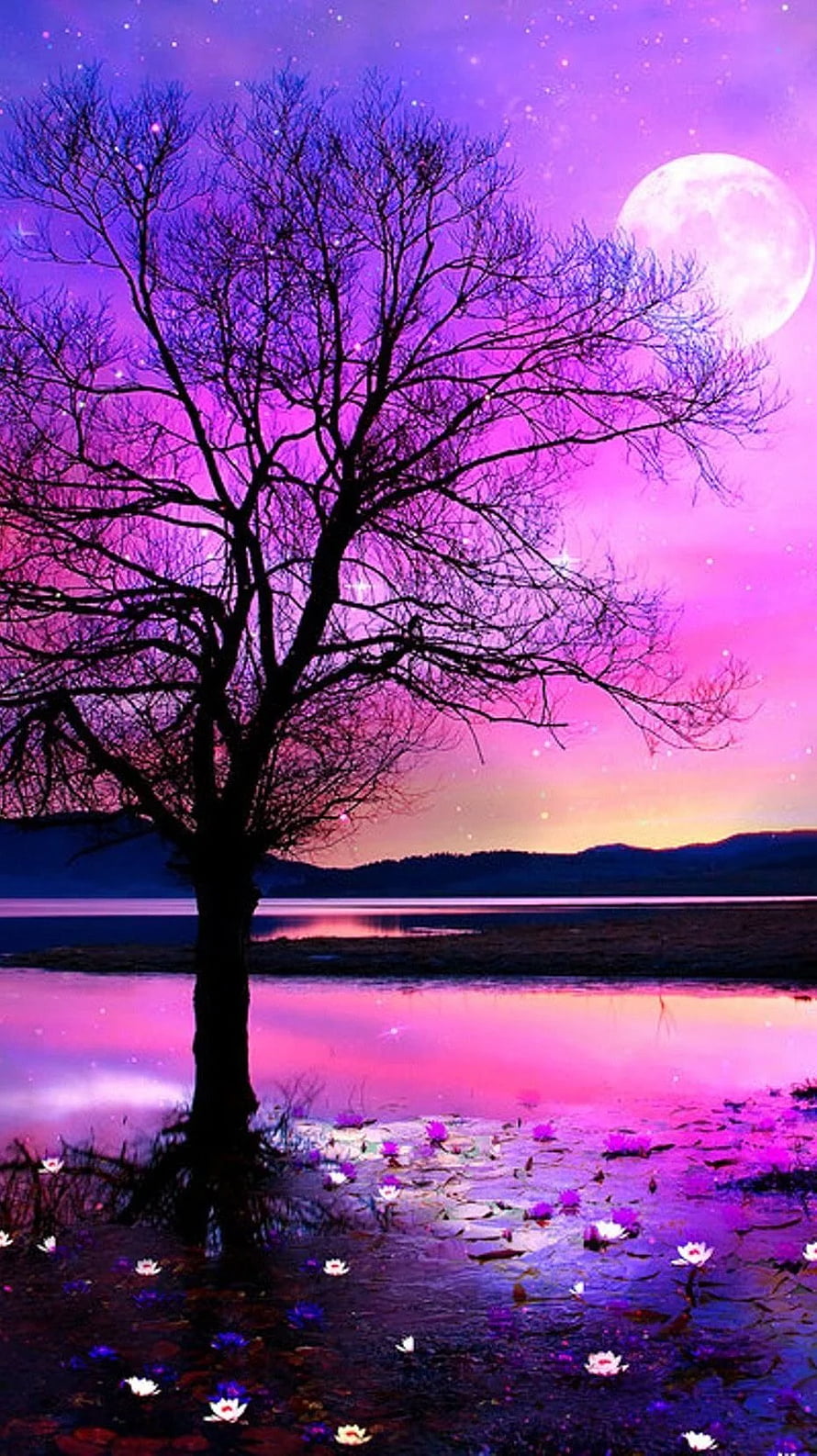 Magical Purple Moonlit Lake with Silhouette Tree and Glowing Water Lilies HD phone wallpaper