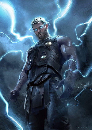 Thor Ragnarok Concept Art Featuring Glowing Blue Eyes and Electric Lightning Storm HD phone wallpaper