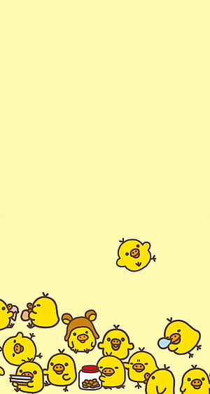 Cute Yellow Ducklings Kawaii Cartoon Illustration on Pale Background HD phone wallpaper