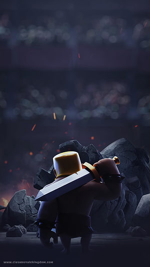 Clash Royale Barbarian Standing in Dark Arena with Sparks and Rocks HD phone wallpaper