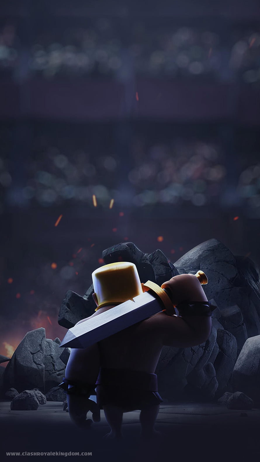 Clash Royale Barbarian Standing in Dark Arena with Sparks and Rocks HD phone wallpaper