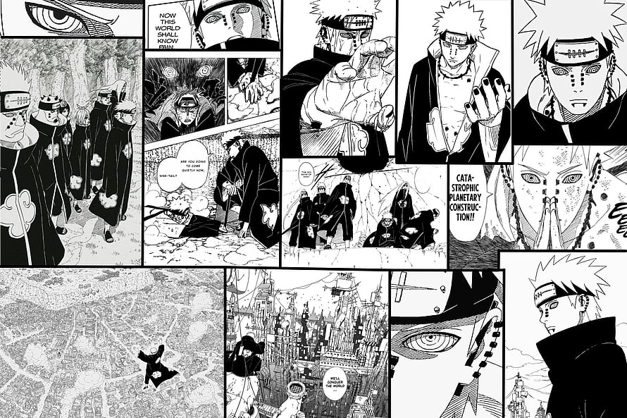 Naruto Shippuden Manga Panel Spread Featuring Pain and Akatsuki Members HD wallpaper