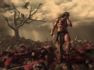 Samson Standing on a Battlefield of Fallen Warriors in Dark Biblical Art HD wallpaper