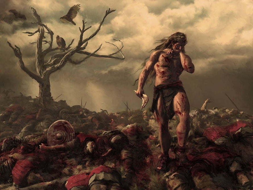 Samson Standing on a Battlefield of Fallen Warriors in Dark Biblical Art HD wallpaper