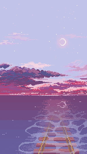 Pastel Pixel Art Landscape with Moonlit Water Reflection and Distant Mountains HD phone wallpaper