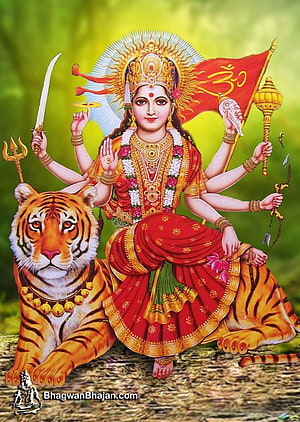 Goddess Durga Sitting on Tiger with Weapons and Trident HD phone wallpaper