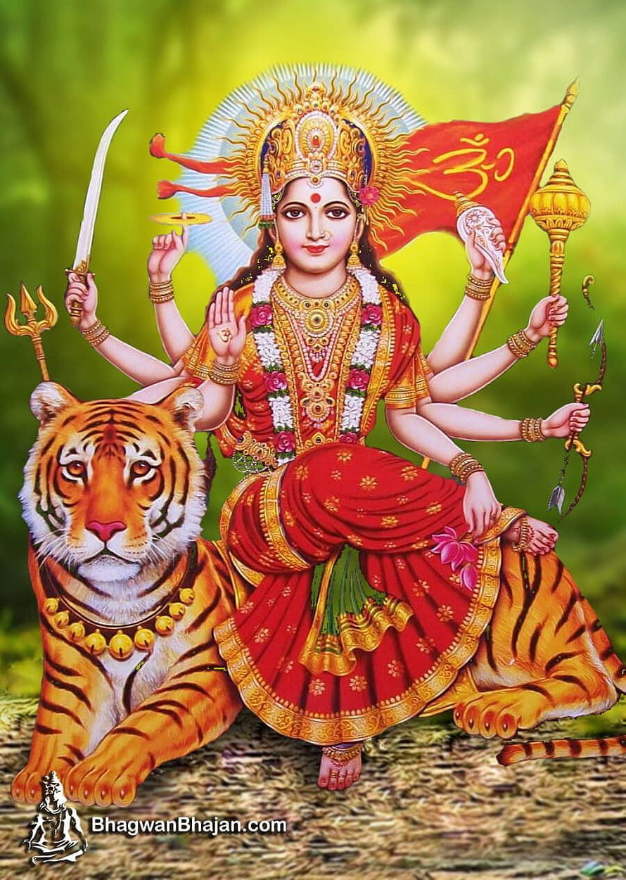 Goddess Durga Sitting on Tiger with Weapons and Trident HD phone wallpaper