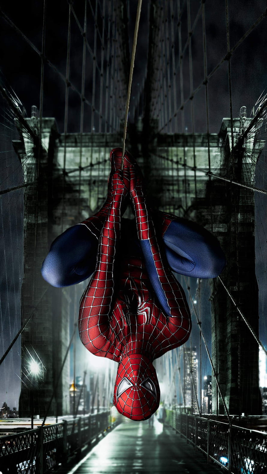 Spider-Man Hanging Upside Down From a Bridge Cable at Night in a Dark Urban Cityscape, Spiderman, Tobey Maguire, Marvel HD phone wallpaper