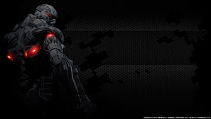 Dark Tactical Soldier with Red Glowing Accents on Black Hexagonal Background HD wallpaper
