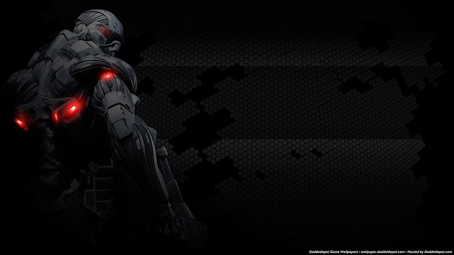 Dark Tactical Soldier with Red Glowing Accents on Black Hexagonal Background HD wallpaper