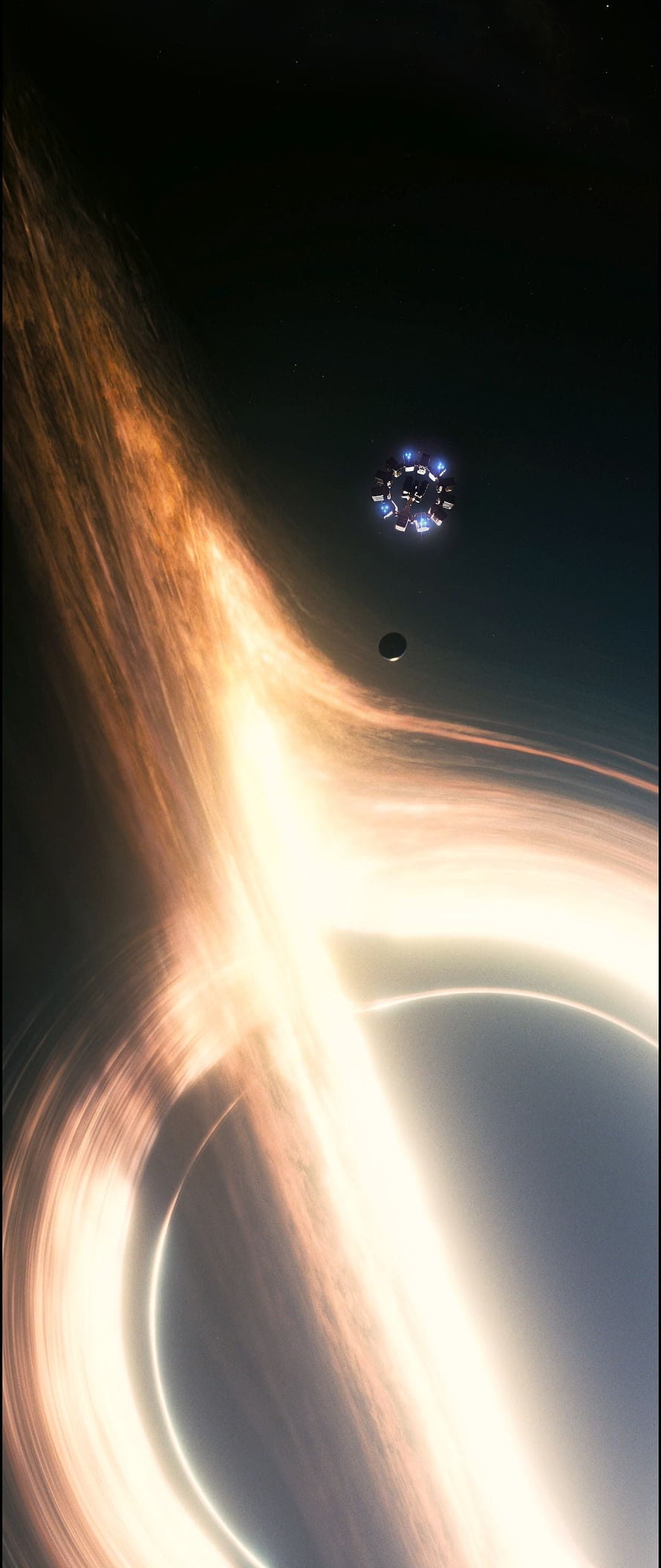 Interstellar spacecraft approaching a massive black hole with glowing accretion disk HD phone wallpaper