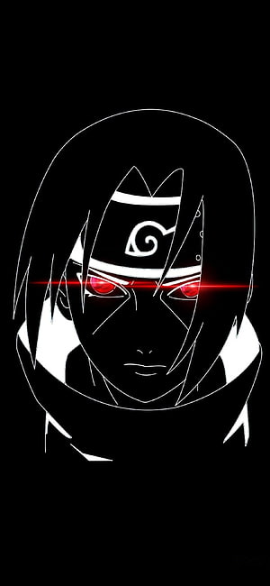 Itachi Uchiha Minimalist Line Art Portrait with Glowing Red Sharingan Eyes on Black Background HD phone wallpaper
