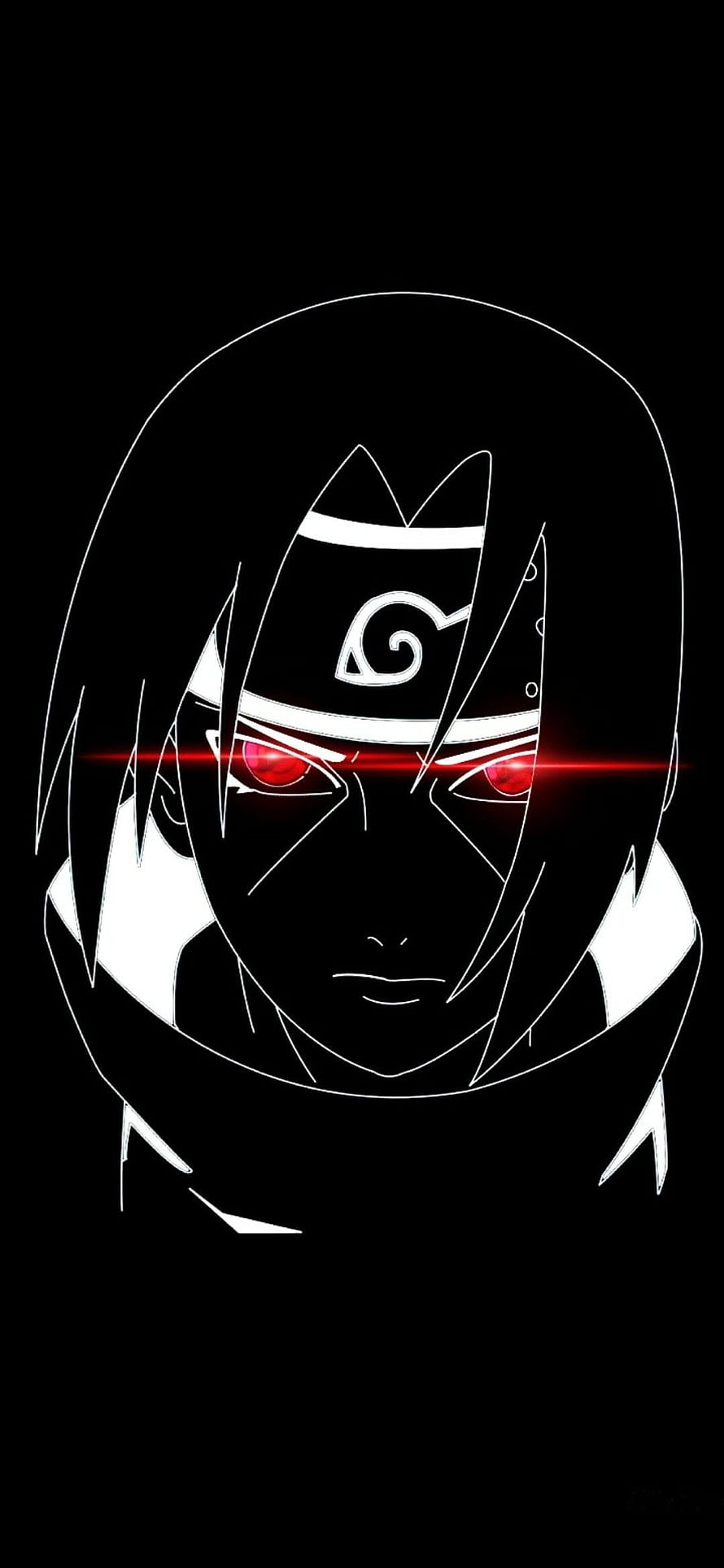 Itachi Uchiha Minimalist Line Art Portrait with Glowing Red Sharingan Eyes on Black Background HD phone wallpaper