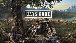 Days Gone video game key art featuring protagonist and motorcycle in a post-apocalyptic landscape HD wallpaper