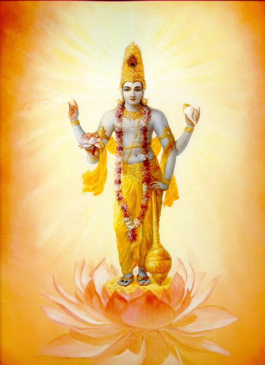 Lord Vishnu Standing on Lotus with Conch and Mace Divine Hindu God Illustration HD phone wallpaper