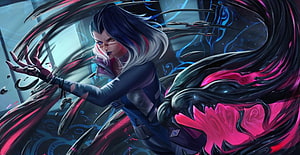 Kai'Sa from League of Legends wielding dark cosmic energy in a dynamic fantasy illustration HD wallpaper