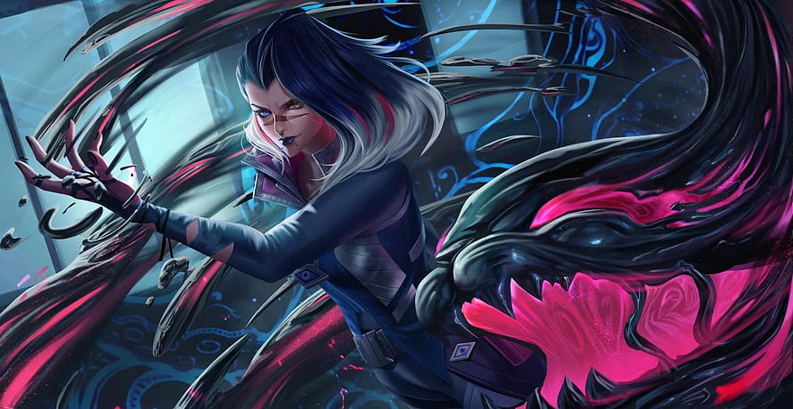 Kai'Sa from League of Legends wielding dark cosmic energy in a dynamic fantasy illustration HD wallpaper