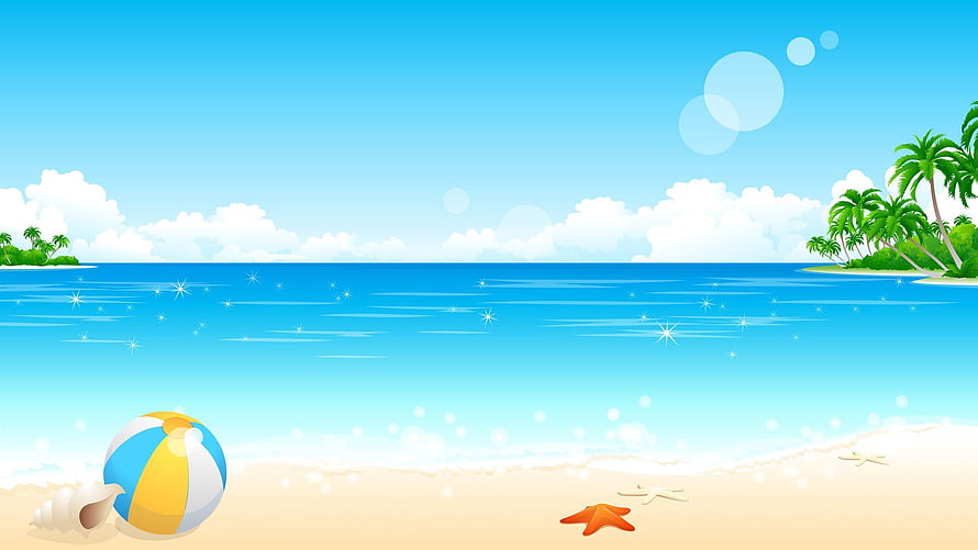 Tropical Cartoon Beach Scene with Palm Trees, Beach Ball, and Starfish on Sandy Shore HD wallpaper