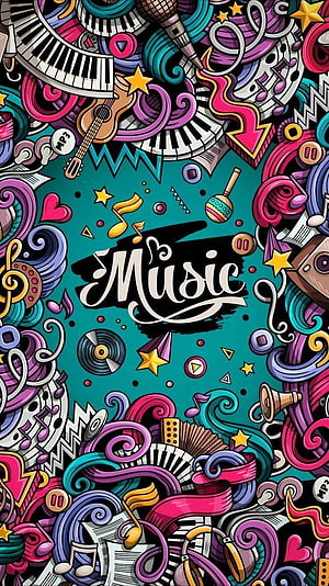 Colorful Music Theme Doodle Art With Instruments And Notes HD phone wallpaper