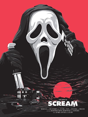 Scream Movie Poster Artwork Featuring Ghostface Mask and Suburban Horror Scene HD phone wallpaper