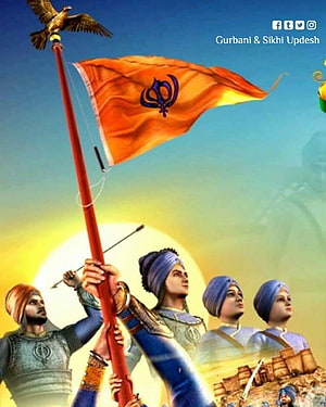 Chaar Sahibzaade Holding Nishan Sahib Flag with Golden Eagle and Turbans HD phone wallpaper