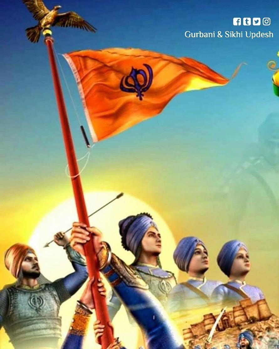 Chaar Sahibzaade Holding Nishan Sahib Flag with Golden Eagle and Turbans HD phone wallpaper