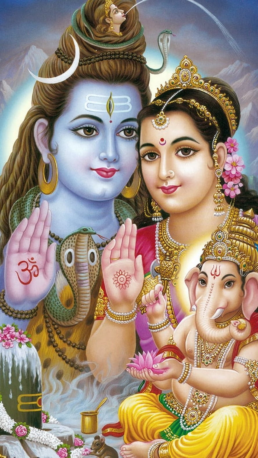 Lord Shiva, Parvati, and Ganesha Hindu Deity Family Portrait Illustration HD phone wallpaper
