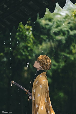 Zenitsu Agatsuma from Demon Slayer standing under a roof in the rain with his sword HD phone wallpaper