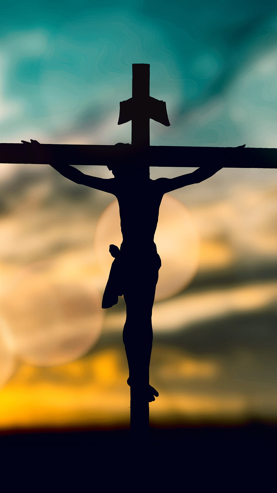 Silhouette of Jesus on the Cross Against a Colorful Bokeh Sky Background HD phone wallpaper