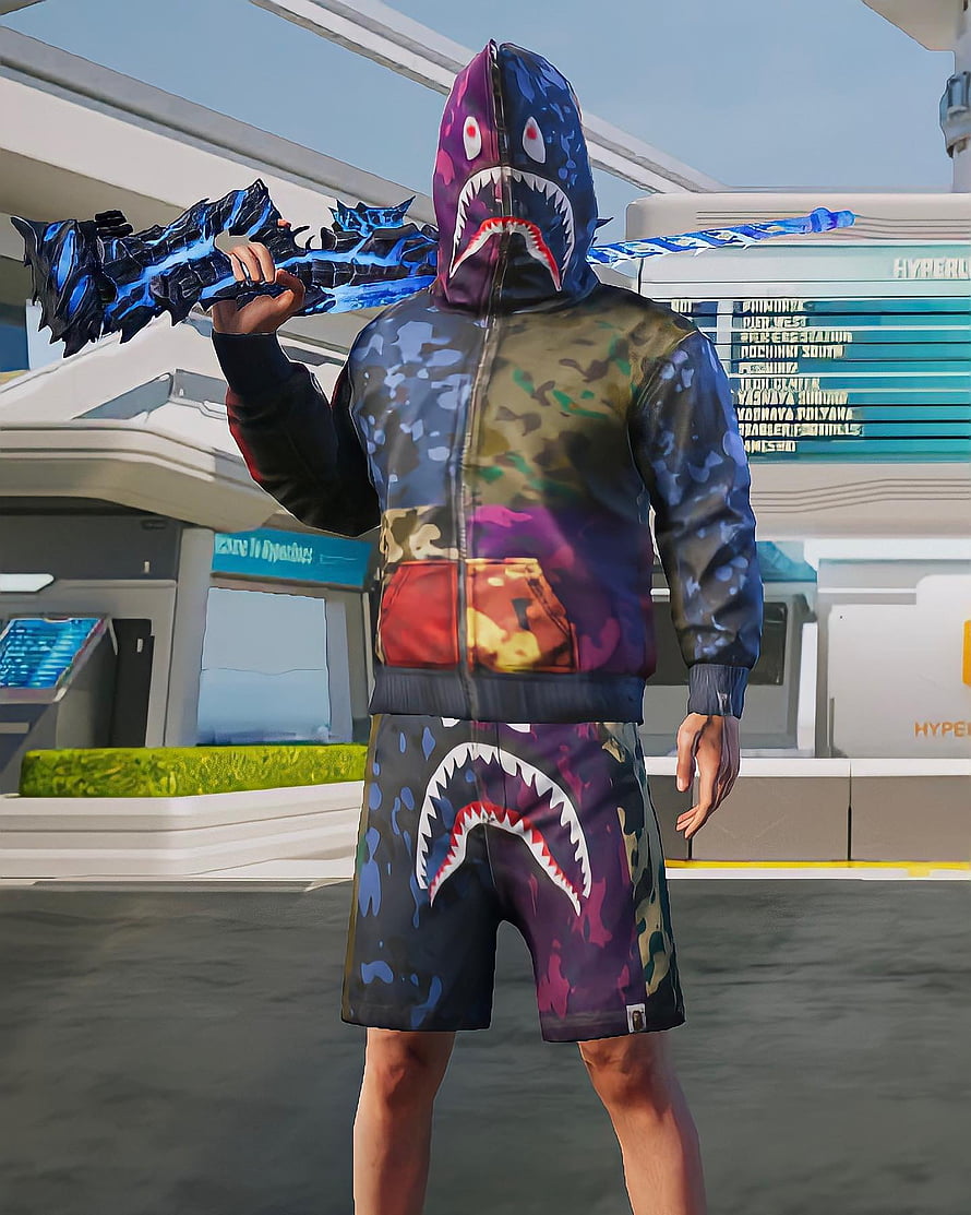 Fortnite character wearing BAPE shark hoodie and shorts with blue ice pickaxe HD phone wallpaper