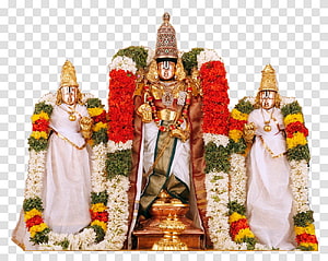 Lord Venkateswara Swamy with consorts adorned in vibrant floral garlands and traditional temple attire HD wallpaper
