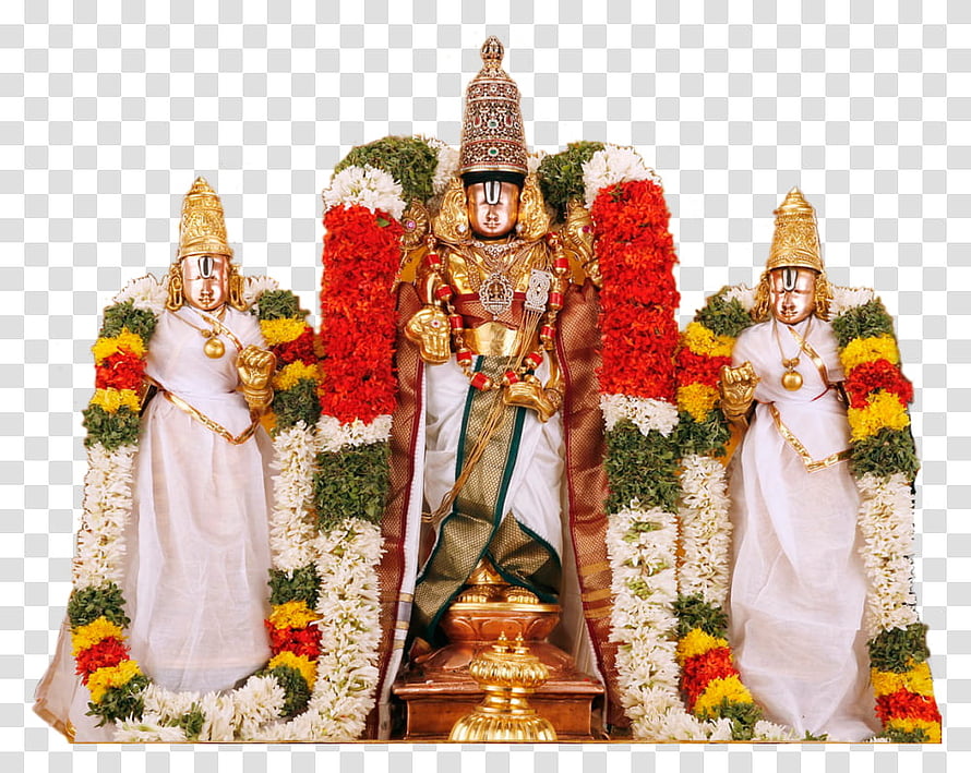 Lord Venkateswara Swamy with consorts adorned in vibrant floral garlands and traditional temple attire HD wallpaper