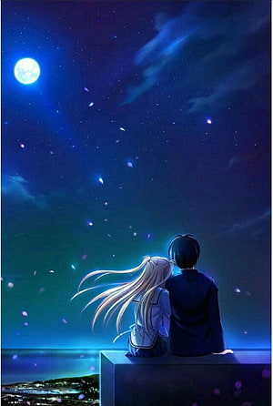 Anime Couple Watching Moonlit Sky With Falling Petals HD phone wallpaper