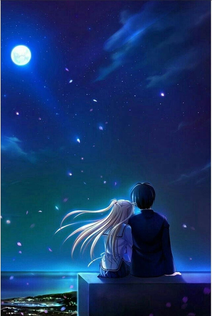 Anime Couple Watching Moonlit Sky With Falling Petals HD phone wallpaper