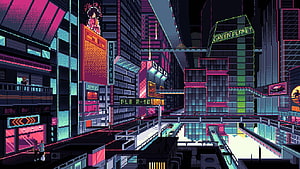 Neon Cyberpunk Cityscape Pixel Art with Retro Futuristic Architecture and Vibrant Night Lighting HD wallpaper