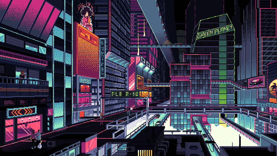 Neon Cyberpunk Cityscape Pixel Art with Retro Futuristic Architecture and Vibrant Night Lighting HD wallpaper