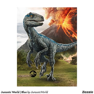 Blue Velociraptor from Jurassic World Standing Before an Active Volcano HD phone wallpaper