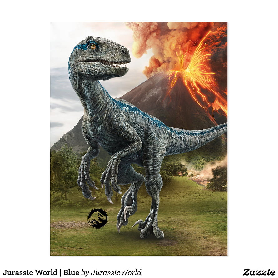 Blue Velociraptor from Jurassic World Standing Before an Active Volcano HD phone wallpaper
