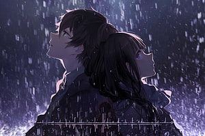 Anime Couple Standing Back To Back In Rainy Night Scene HD wallpaper