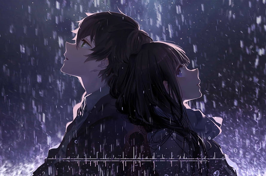 Anime Couple Standing Back To Back In Rainy Night Scene HD wallpaper