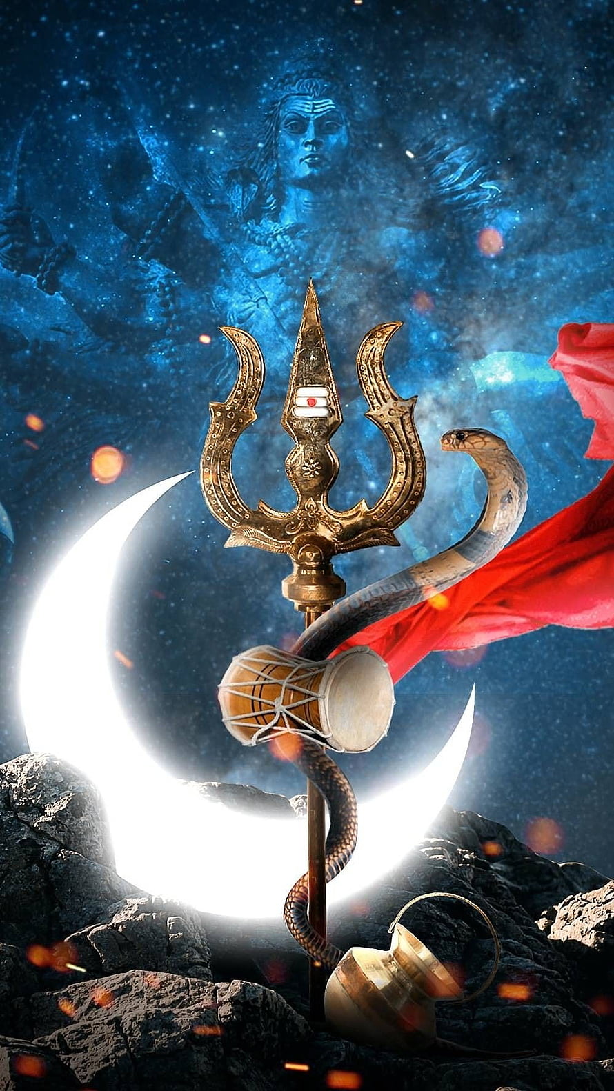 Lord Shiva Trishul and Crescent Moon with Snake and Damaru in Cosmic Setting HD phone wallpaper