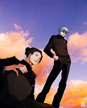 Gojo and Geto from Jujutsu Kaisen in Black Attire Against a Sunset Sky HD phone wallpaper