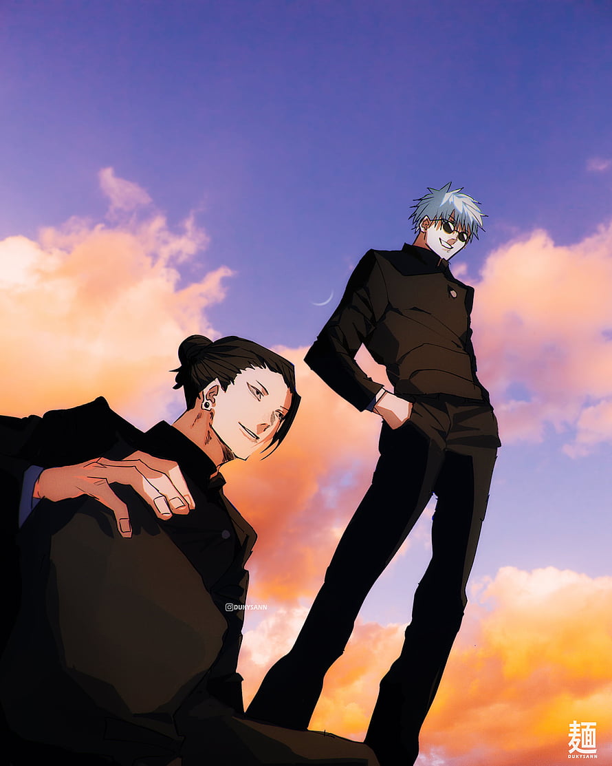 Gojo and Geto from Jujutsu Kaisen in Black Attire Against a Sunset Sky HD phone wallpaper