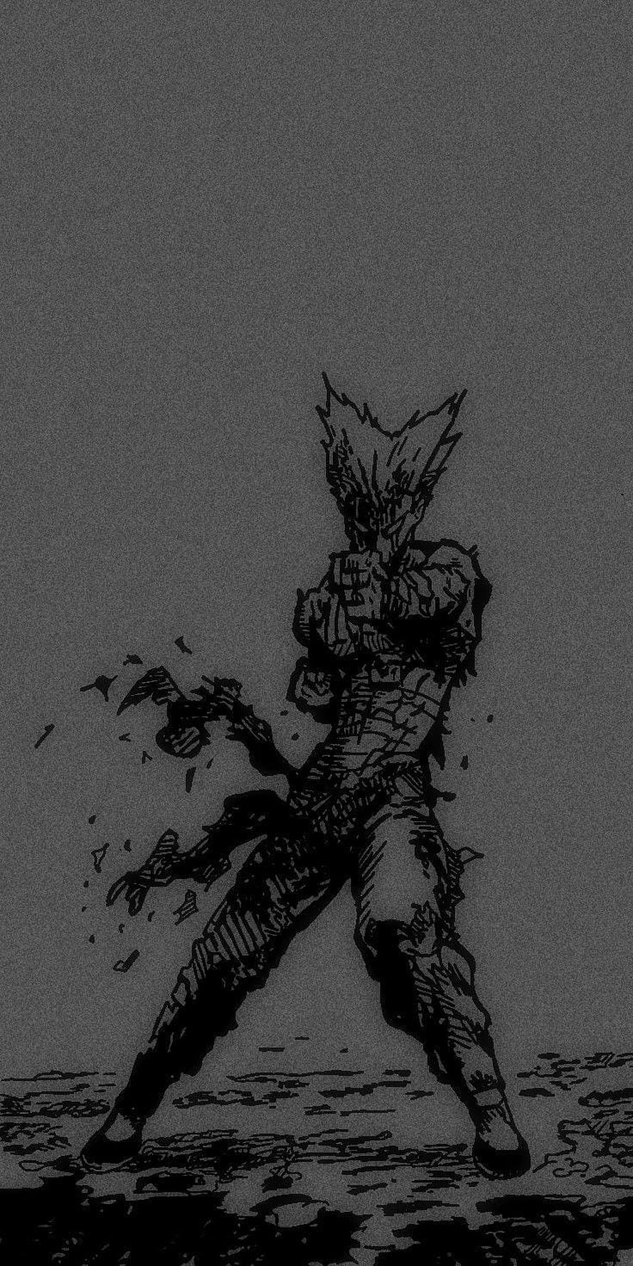 Black and White Manga Style Illustration of a Muscular Warrior with Spiky Hair in Combat Stance, Garou, onepunchman HD phone wallpaper