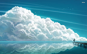 Serene Anime Landscape with Pier, Clouds, and Reflection on Calm Water HD wallpaper