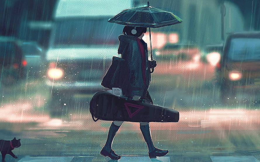 Anime Girl Walking Through Rainy City Street With Umbrella And Guitar Case HD wallpaper