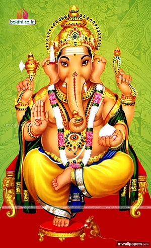 Lord Ganesha Seated on Red Throne with Mouse Vahana and Traditional Ornaments HD phone wallpaper