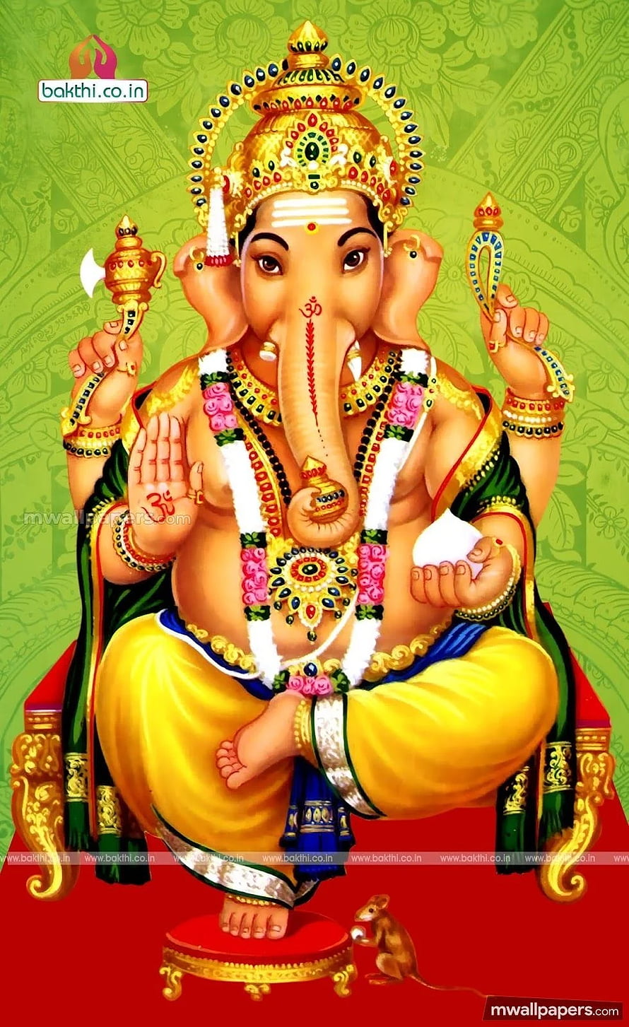 Lord Ganesha Seated on Red Throne with Mouse Vahana and Traditional Ornaments HD phone wallpaper