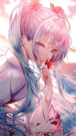 Anime Girl With Pink And Blue Hair Holding Red Leaf In Kimono HD phone wallpaper