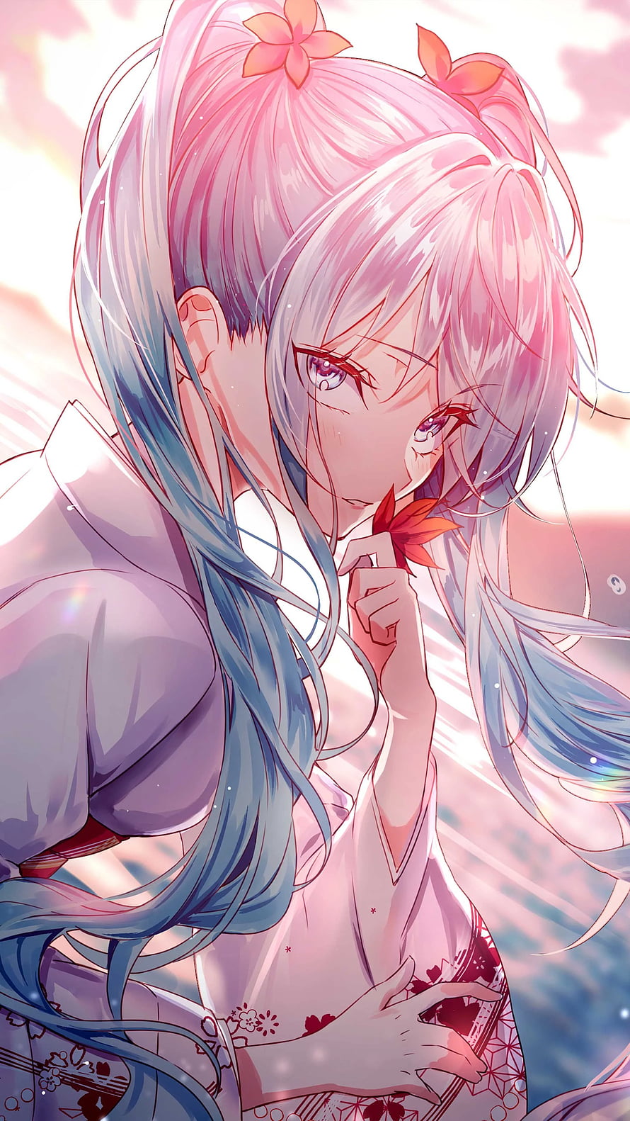 Anime Girl With Pink And Blue Hair Holding Red Leaf In Kimono HD phone wallpaper